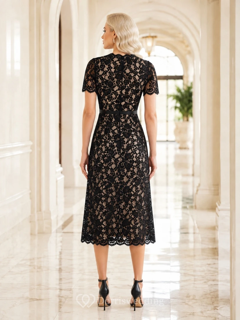 Black Floral Lace Cap Sleeve A-Line Tea-length Vintage Formal Dress view 2