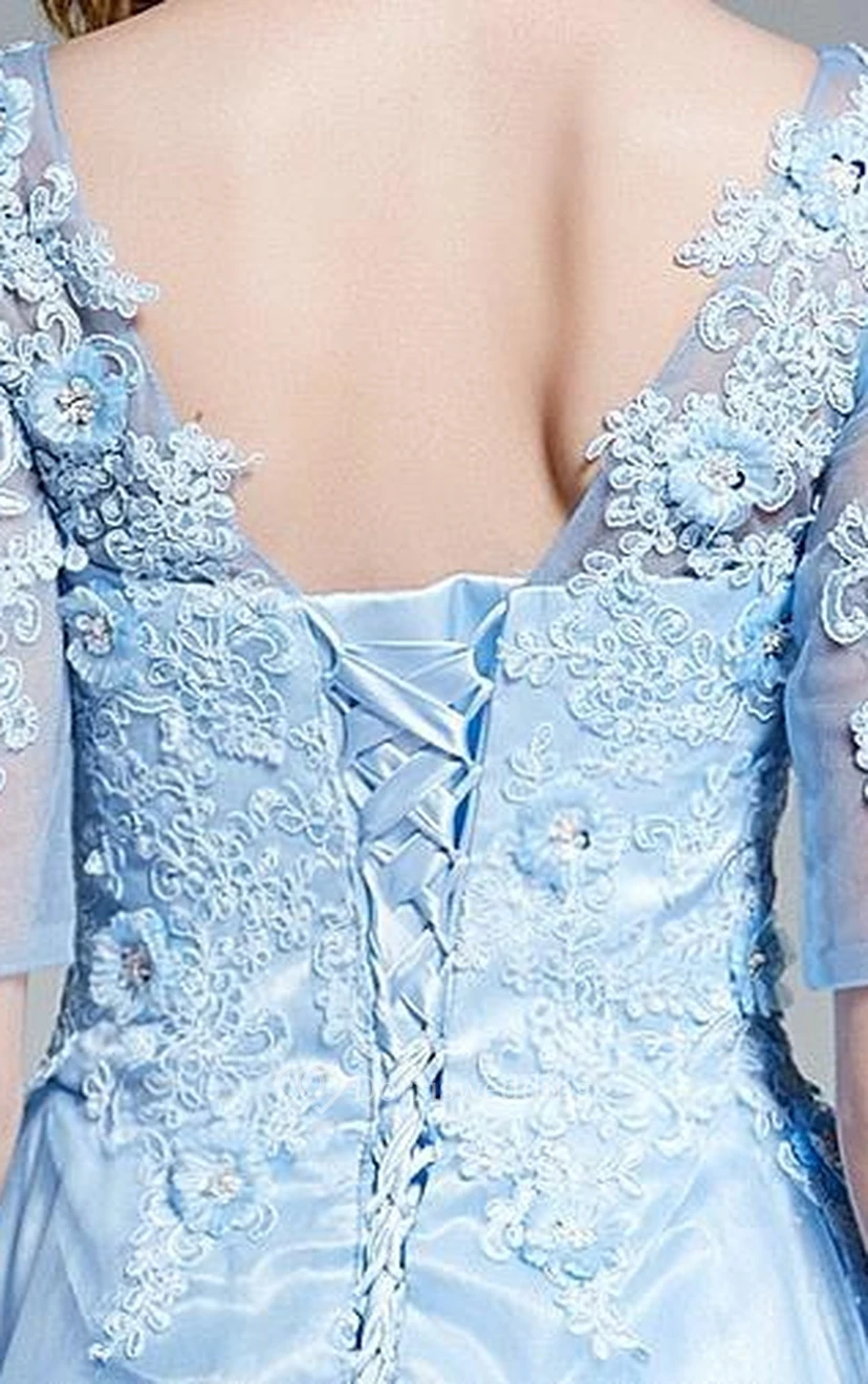 A-Line V-Neck Half Sleeves Appliques Beading Prom Dress view 5