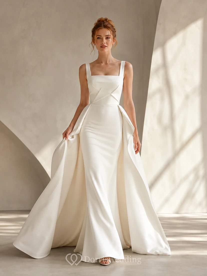 Robe de mariée minimaliste en satin, coupe sirène, col carré, sans manches, traîne.