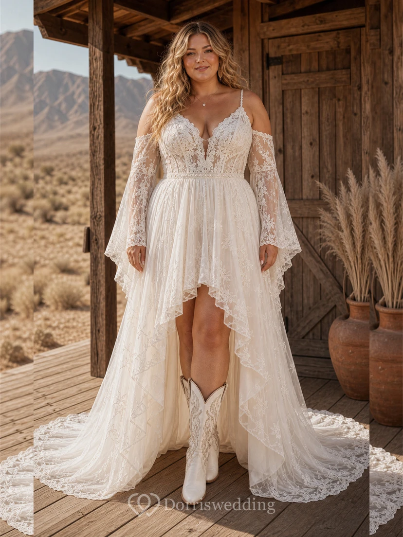 Western Vintage Country A-Linien-Brautkleid, schulterfrei, lange Ärmel, herzförmiger Ausschnitt, Tüllspitzenapplikationen, High-Low-Schlupf, Kapellenschleppe, Elfenbein view 4