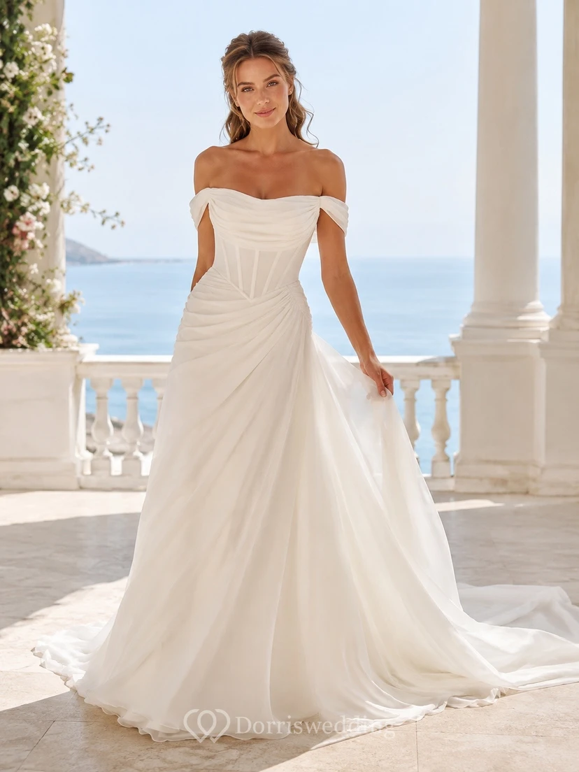 Vestido de novia de playa con escote Bardot, drapeado y corte A