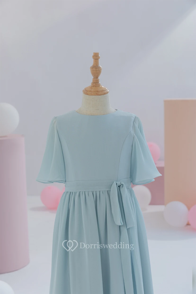 Jewel-neck Chiffon Half-sleeve Short Layered Flowergirl Dress view 3