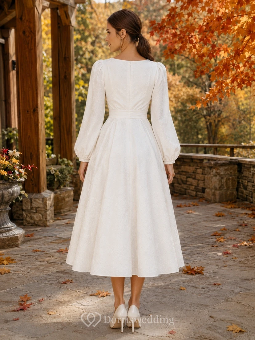 Simple V-Neck Long-Sleeve Satin A-Line Tea-Length Elopement Wedding Dress view 2