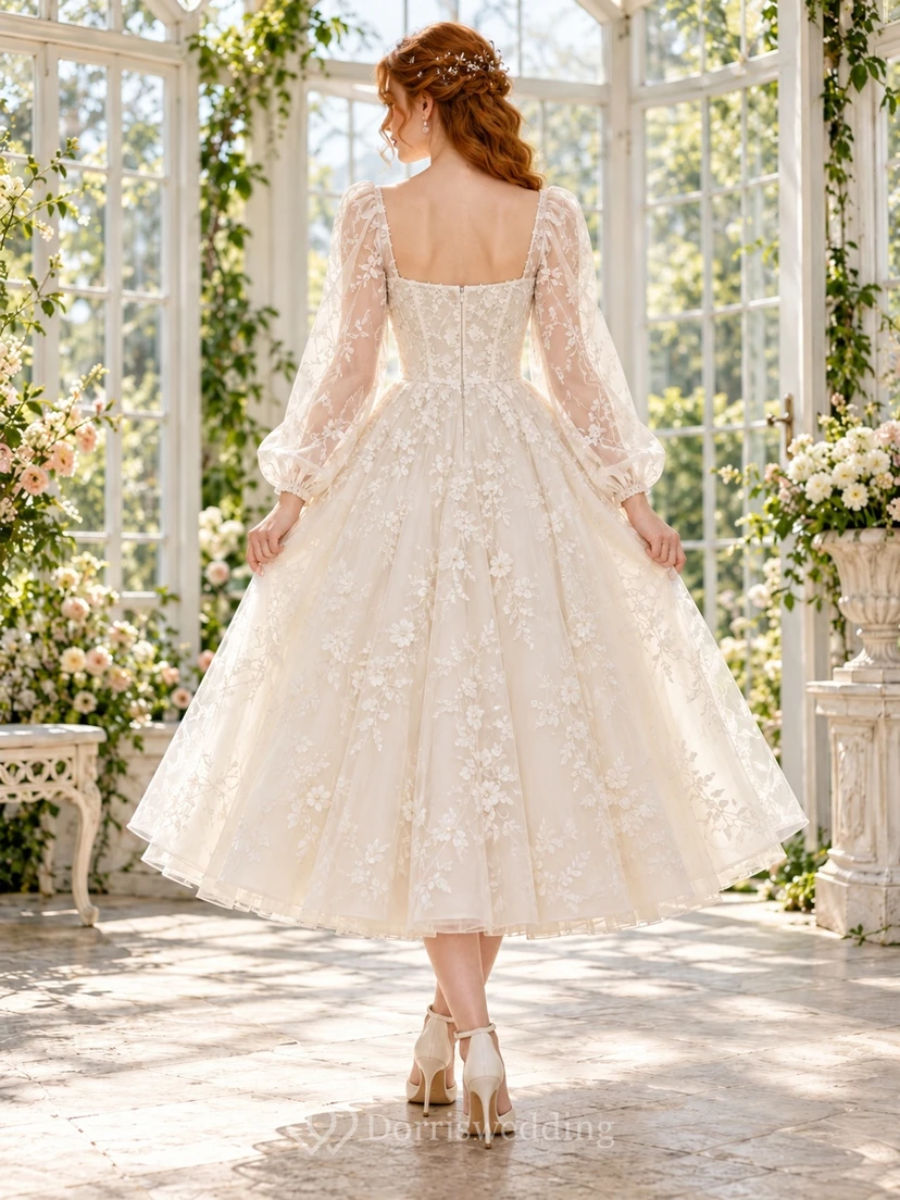 Tea-length Square Neck Long Sleeve Floral Lace A-line Wedding Dress view 2