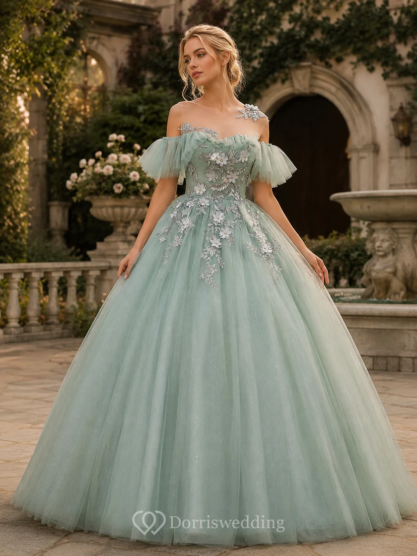 Robe de bal brodée vert clair à épaules dénudées