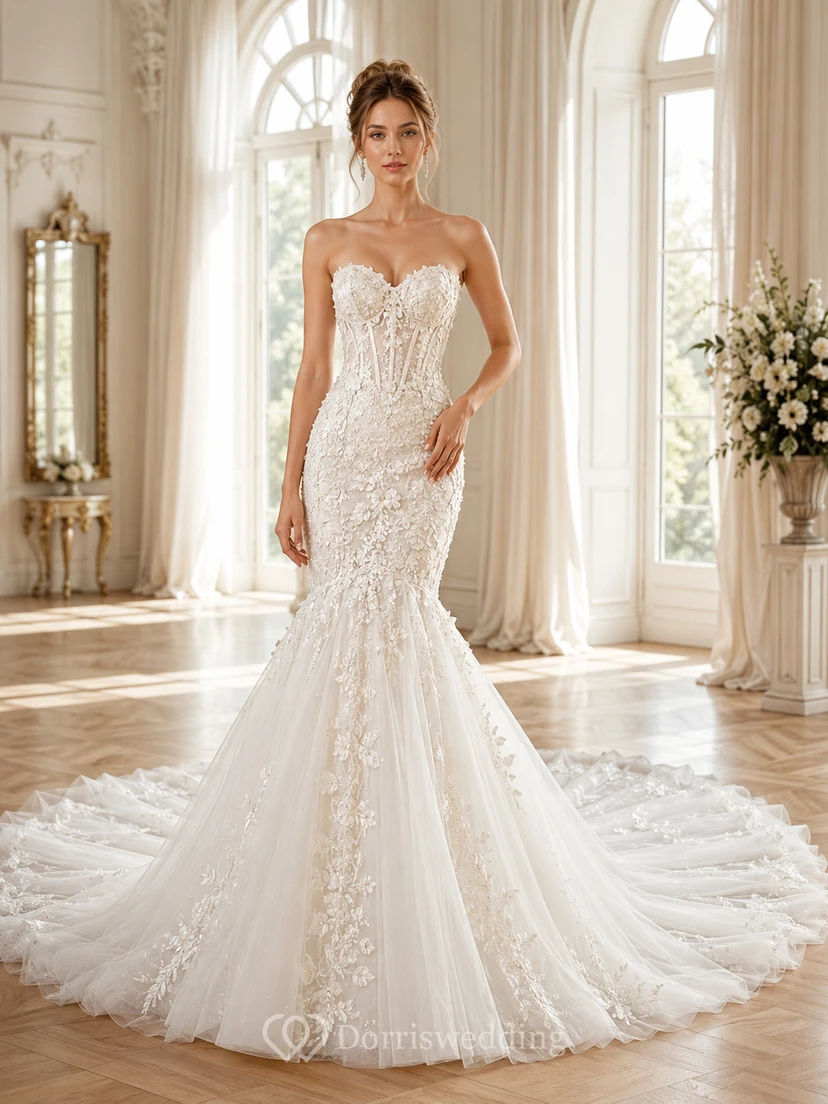 Trägerloses Brautkleid mit Herzausschnitt, Perlenstickerei, Meerjungfrauen-Stil, Reißverschluss und Kapellenschleppe