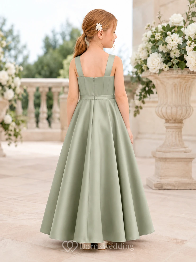 Elegant A-Line Flower Girl Dress with Square Neck Sleeveless Sage Satin Floor Length Reception view 2