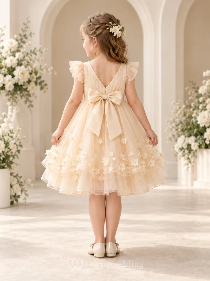 Tea-length Champagne A-line Floral Tulle Flutter-sleeve Ruched Tiered Flower Girl Dress view 2