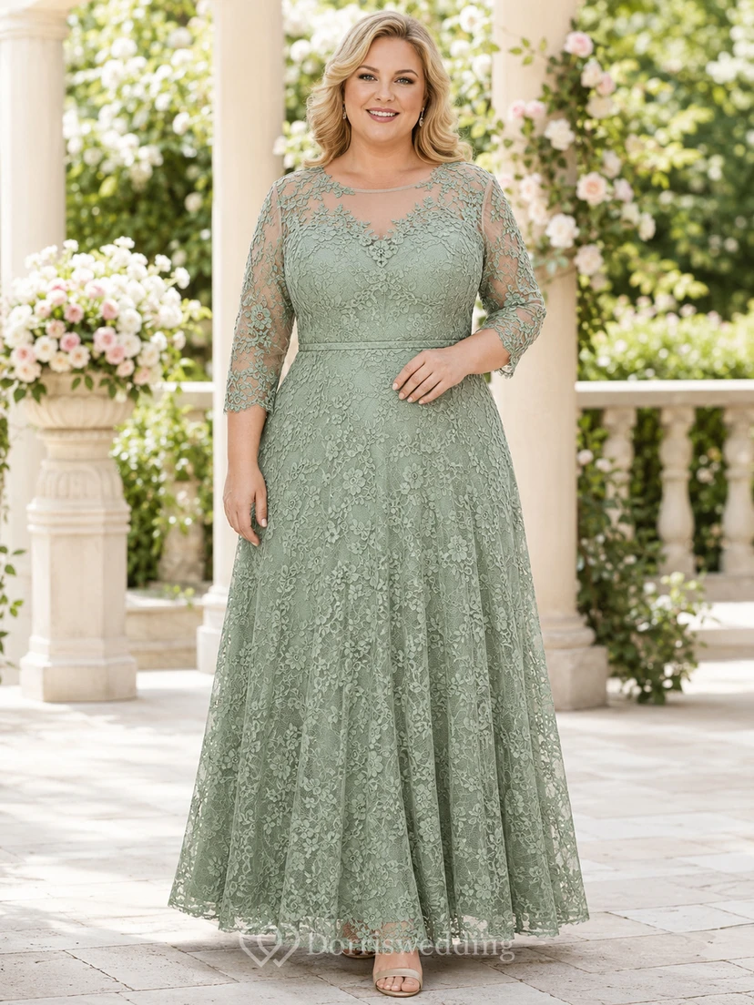 Elegantes Abendkleid in Übergröße aus salbeigrüner Spitze mit Illusion-Ausschnitt, Dreiviertelärmeln und A-Linien-Schnitt, bodenlang