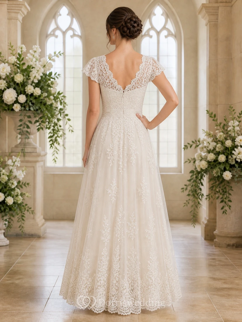 Vestido de novia modesto con escote barco, apliques de encaje y mangas cortas, corte A view 2