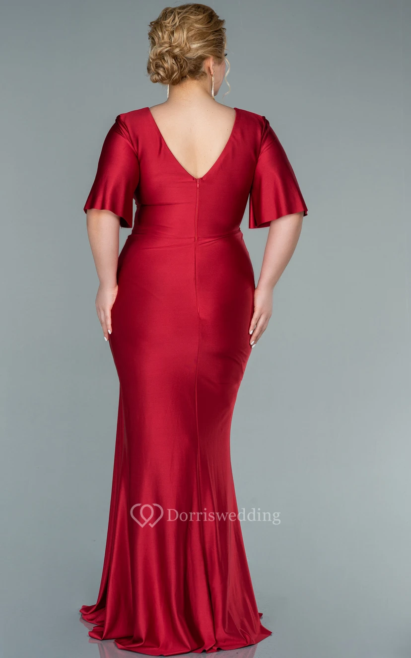 Charming V-neck Half-sleeve Sheath Mermaid Ruched Front Split Plus Size Evening Dress view 4