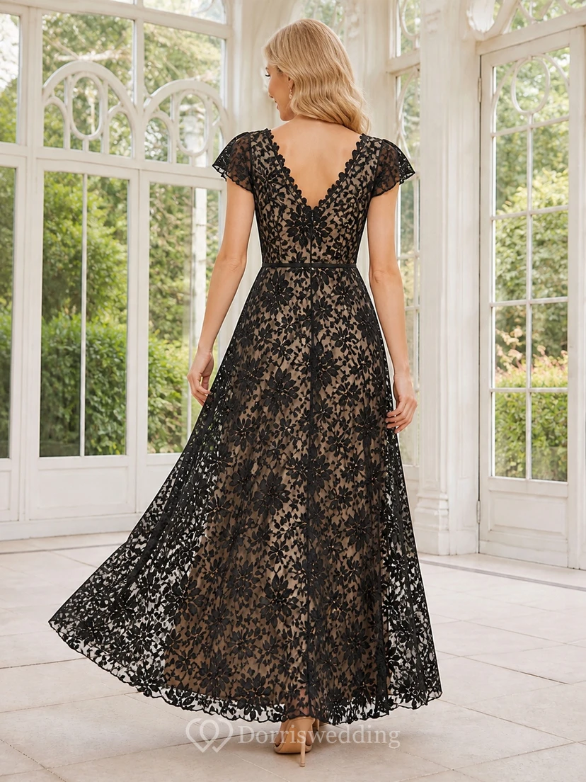 Vestido de noche formal de corte A, negro, vintage, talla grande, con encaje y mangas cortas view 2
