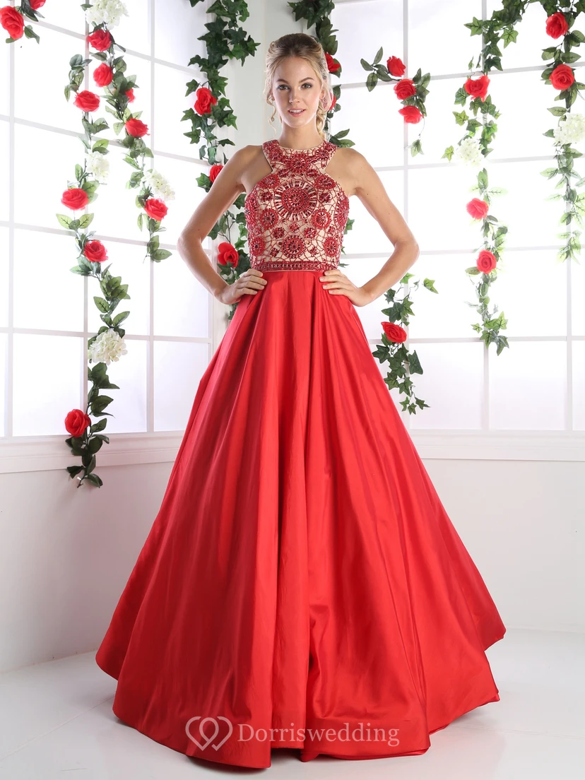 A-Line Long Jewel-Neck Sleeveless Satin Zipper Dress With Beading view 3