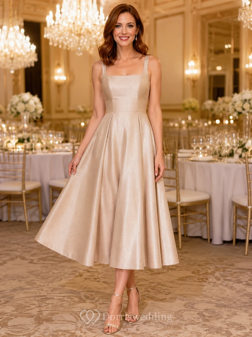 Vestido de gala de satén color champán con tirantes finos y escote cuadrado, corte en A, ideal para entrega de premios.