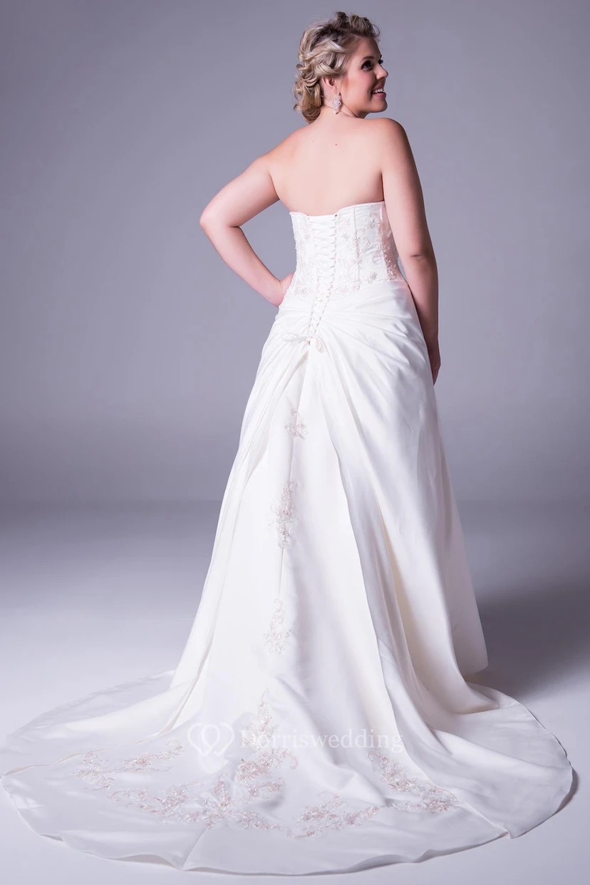 Strapless Floor-Length Taffeta Plus Size Wedding Dress With Embroidery And Corset Back view 2