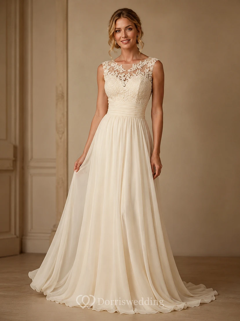 Robe de bal longue en mousseline élégante sans manches, ornée d'appliqués de dentelle.