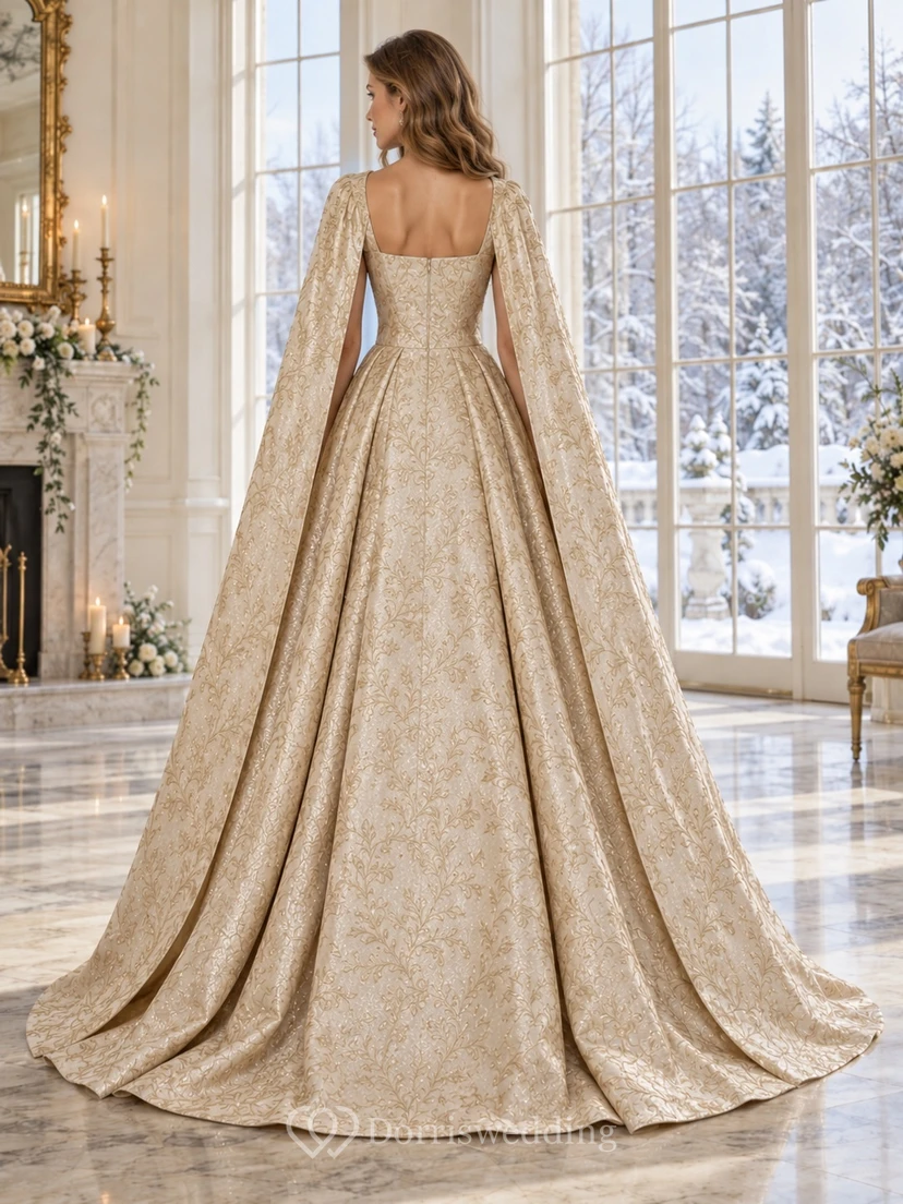 Goldfarbenes, ärmelloses, gemustertes Brokat-Cape mit quadratischem Ausschnitt und A-Linien-Brautkleid view 2