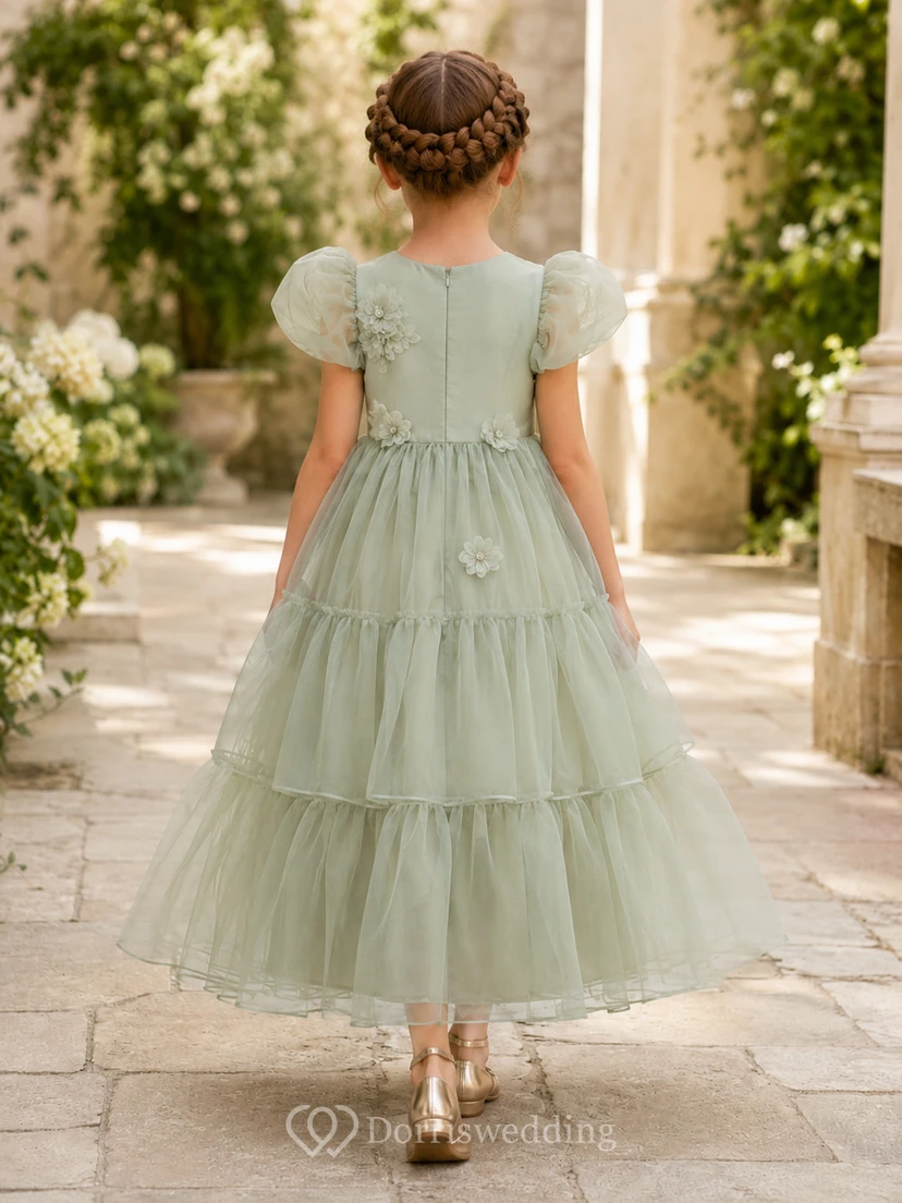 Blumenmädchenkleid aus elfenbeinfarbenem Tüll, A-Linie, kurze Ärmel, Rundhalsausschnitt, wadenlanger Stufenrock view 2