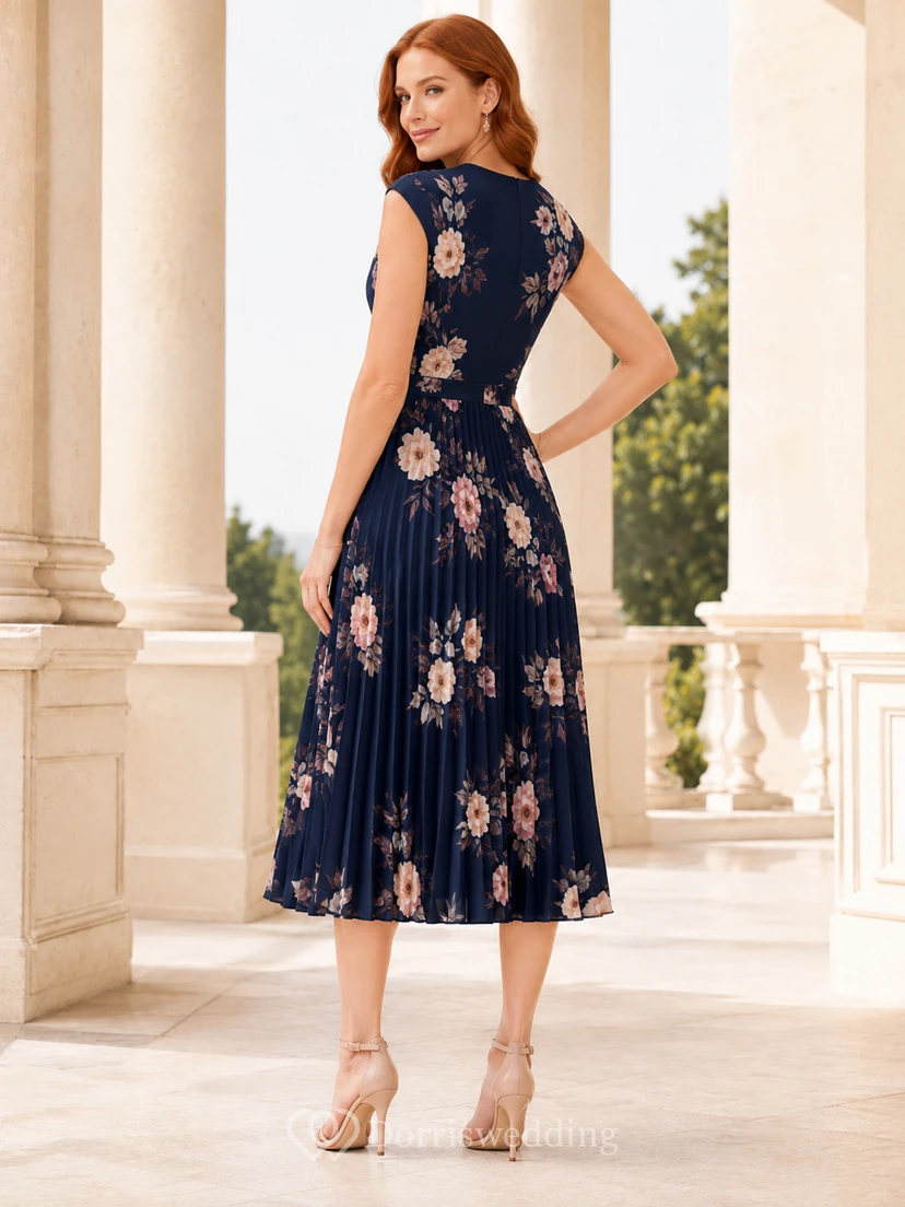 Robe midi plissée à col cranté et manches courtes, imprimé floral bleu marine view 2