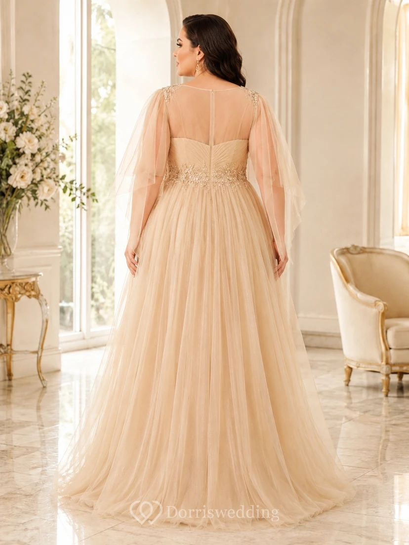 Champagne Tulle Square Neck Three-quarter Sleeve Plus Size A-Line Gown view 2