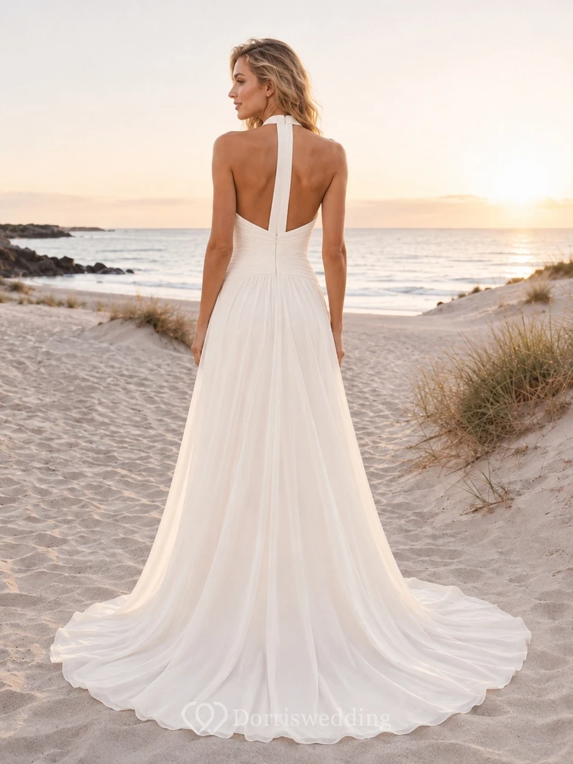 Vestido de novia formal de corte A con escote halter y cuello tipo bohemio, tallas grandes. view 2
