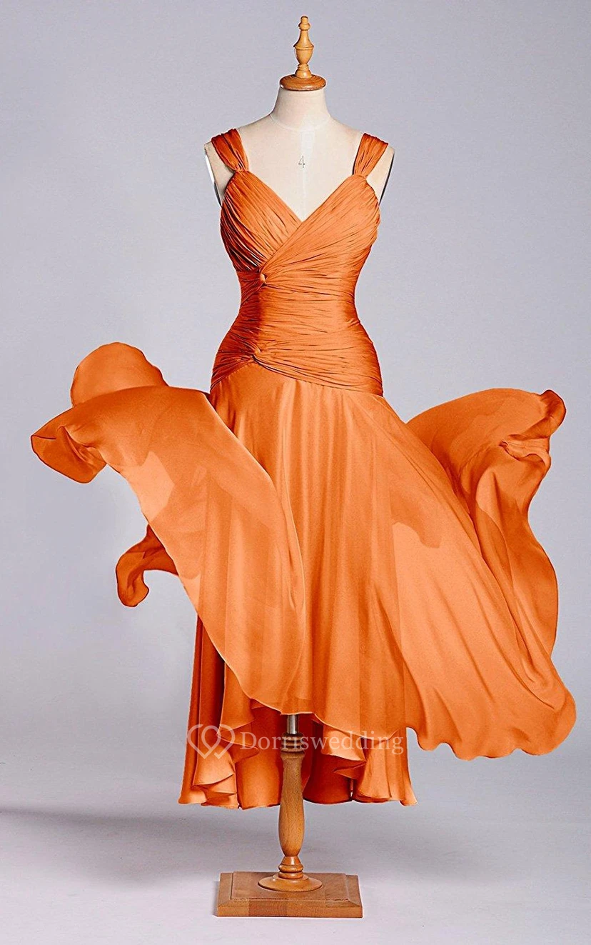 A-Linien-Kleid mit Trägern, Teelänge, Raffungen und Reißverschluss