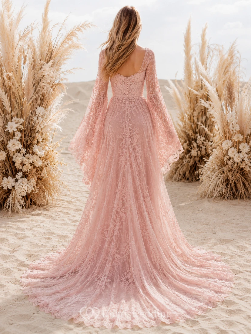 Blush Off-Shoulder Bell Sleeve Lace Boho Bridal Gown view 2