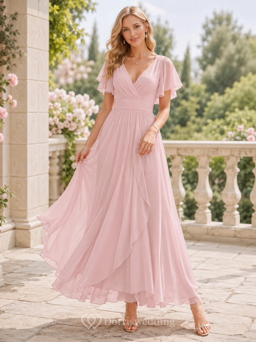 Robe d'invitée romantique en mousseline rose poudré, longueur cheville, col en V, manches papillon, pour l'extérieur