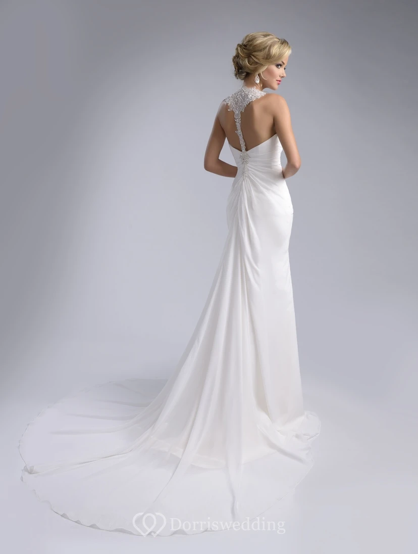 Vestido de novia de playa de gasa fruncida con escote halter y abertura lateral. view 4