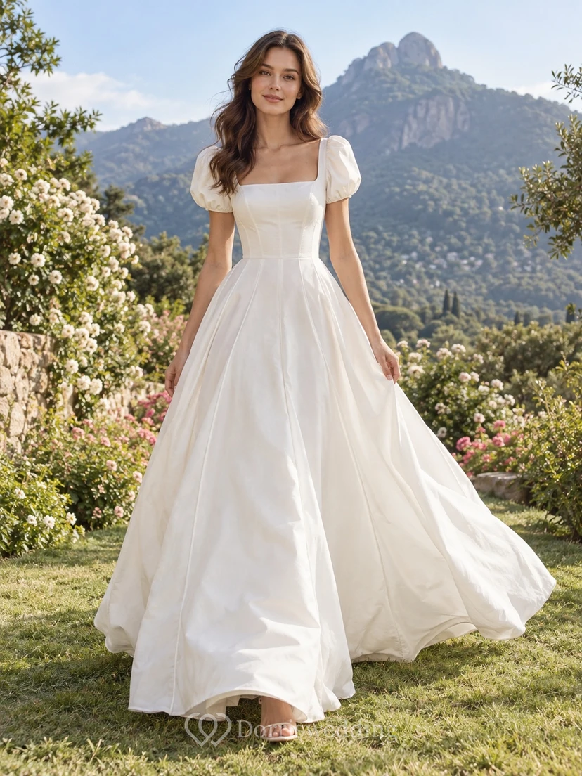 Einfaches Brautkleid aus Satin mit quadratischem Ausschnitt, kurzen Puffärmeln und A-Linien-Schnitt