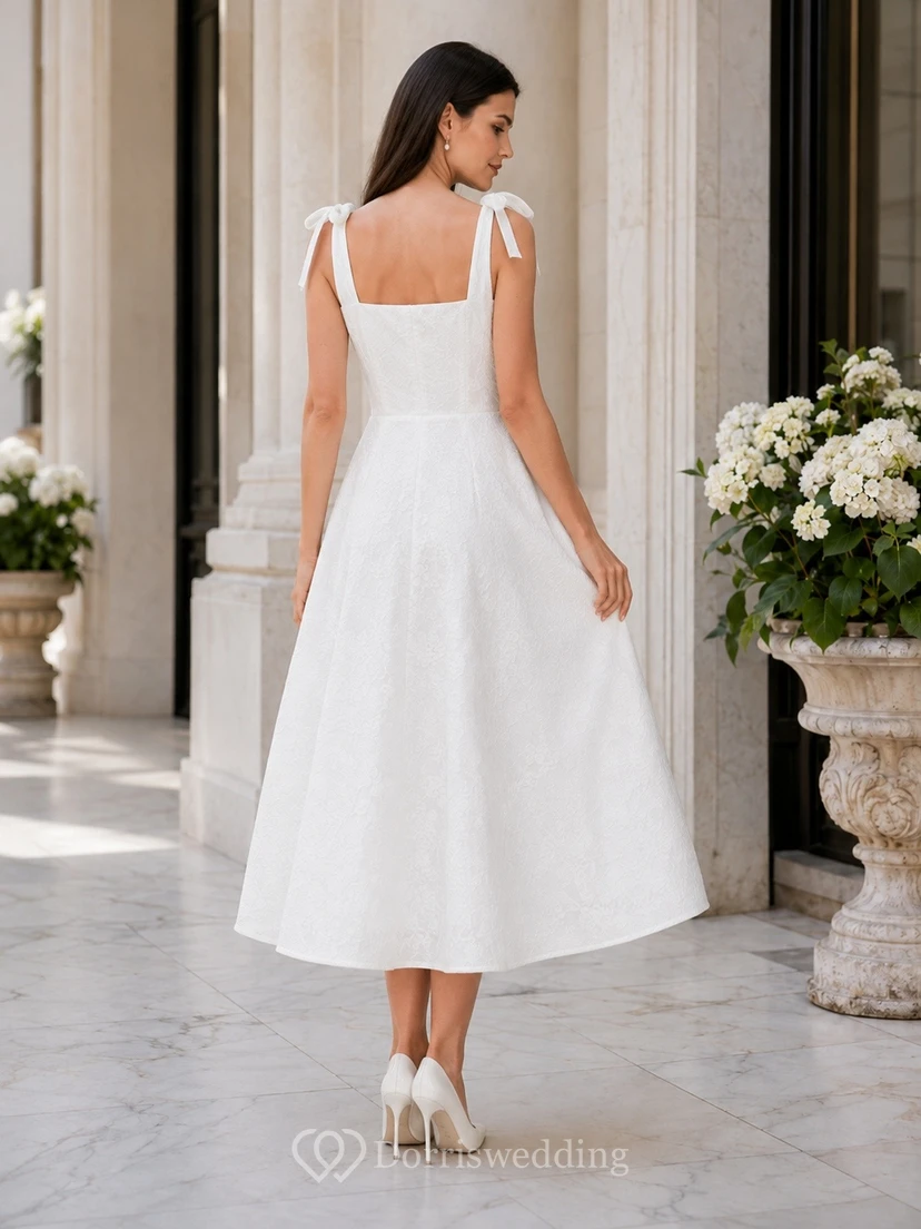 Vestido de jardín blanco de encaje con escote cuadrado, sin mangas, corte en A y largo hasta la rodilla. view 2