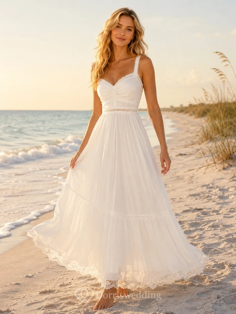 Lässiges Strandkleid mit Spaghettiträgern, Spitze, herzförmigem Ausschnitt, elfenbeinfarbenem Knöchellänge