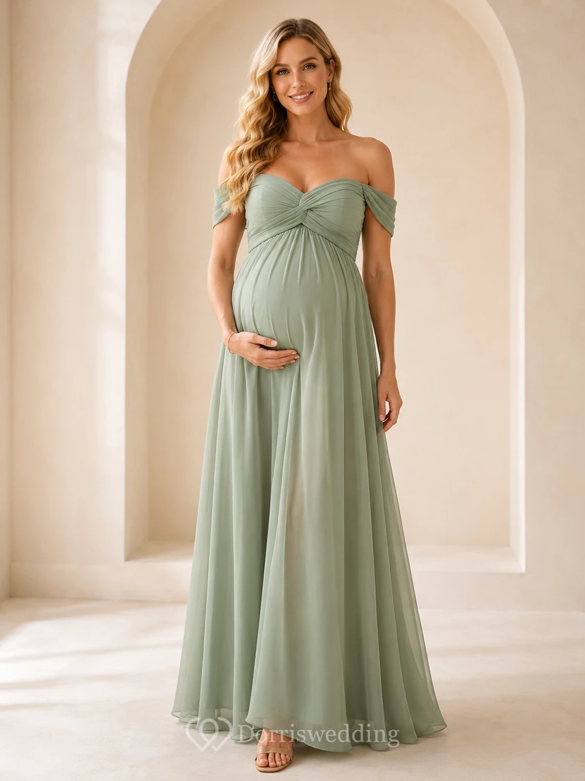 Celadon Umstandskleid mit schulterfreiem Herzausschnitt, Chiffon, Empire-Schnitt und A-Linien-Schnitt, bodenlang, für Brautjungfern