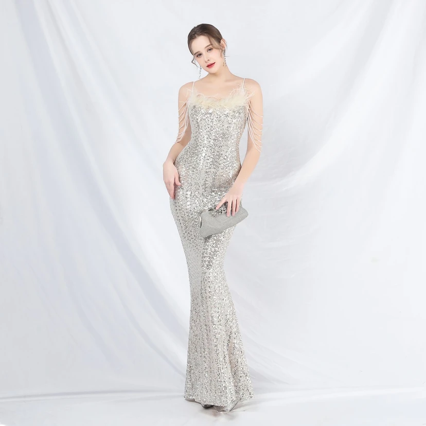 Craft Beaded Ostrich Feather Fantasy Sequined Long Evening Dress view 41