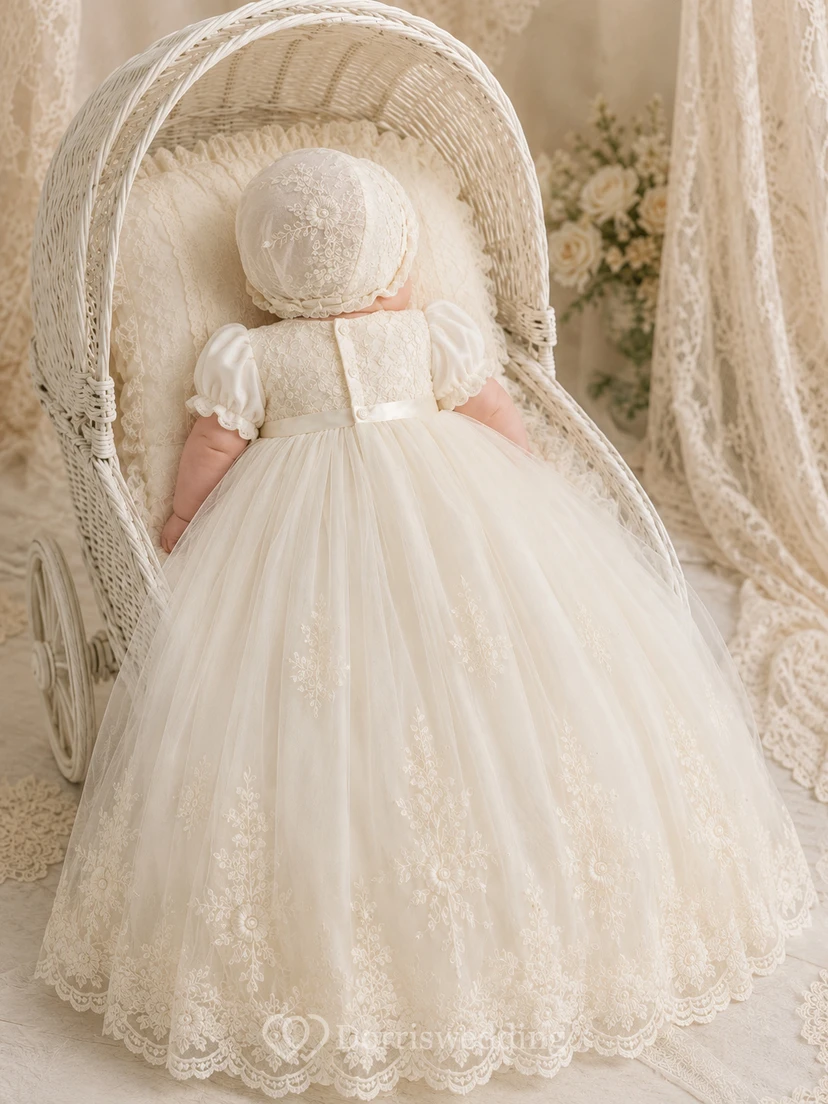 Christening Gown A-Line Tulle Lace Jewel Neck Short Sleeve Scalloped Hem