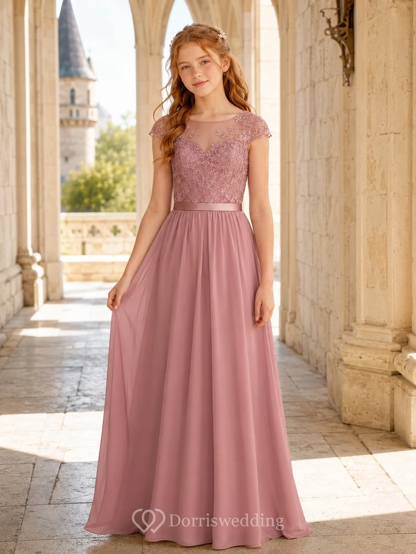 Elegantes, rosafarbenes Brautjungfernkleid im A-Linien-Stil mit Schmucksteinen, kurzen Flügelärmeln und Spitzendetails
