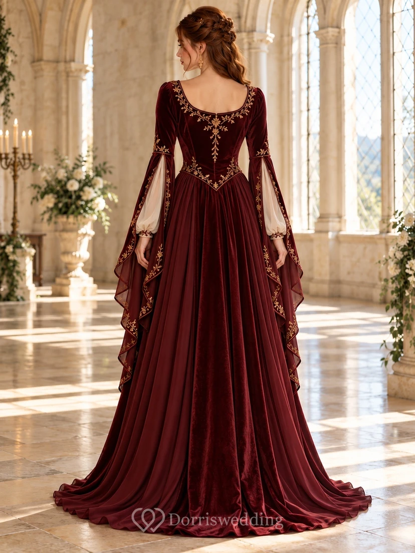 Renaissance Burgundy Scoop Neck Split Long Sleeve Velvet Bridesmaid Dress view 2