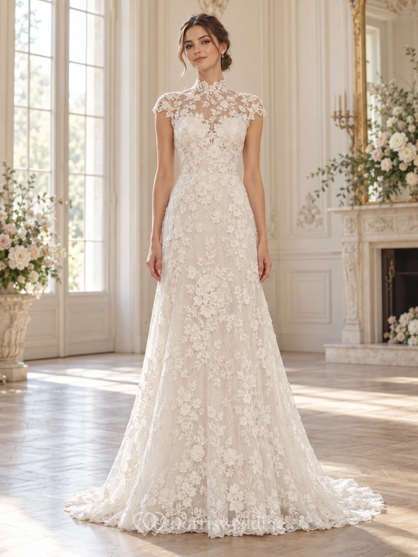 High Neck Cap Sleeve Floral Lace Fitted Train Wedding Dress