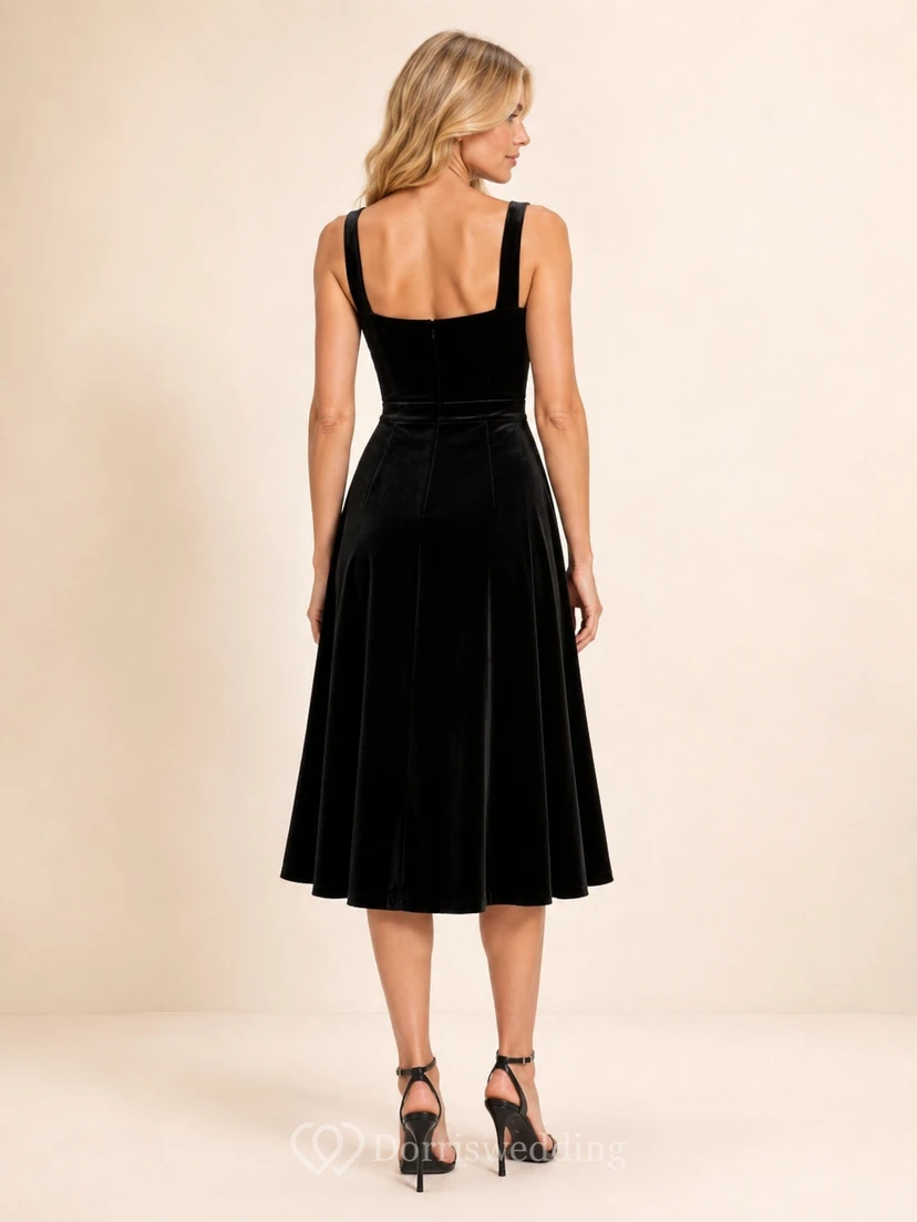 Robe midi en velours noir pour le bal de promo, avec encolure carrée, larges bretelles, taille cintrée et jupe trapèze. view 2