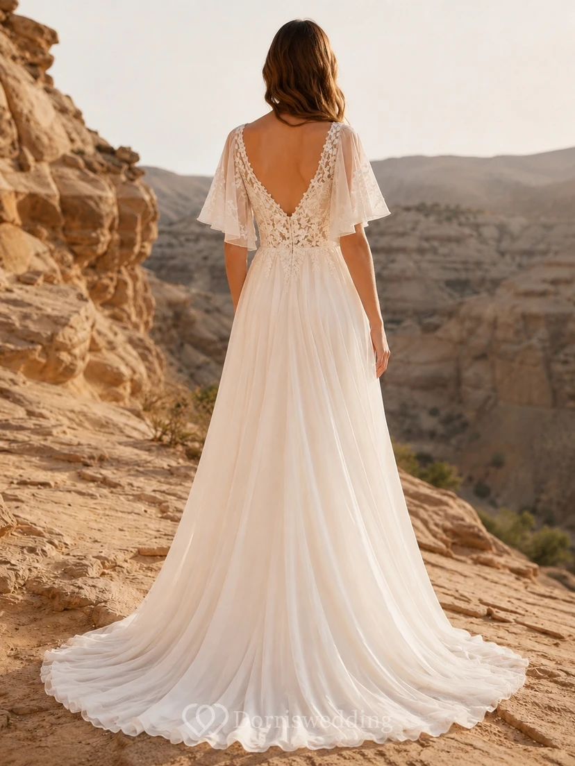 Boho V-Neck Flutter Sleeve Lace Chiffon A-Line Sweep Train Elopement Wedding Dress view 2