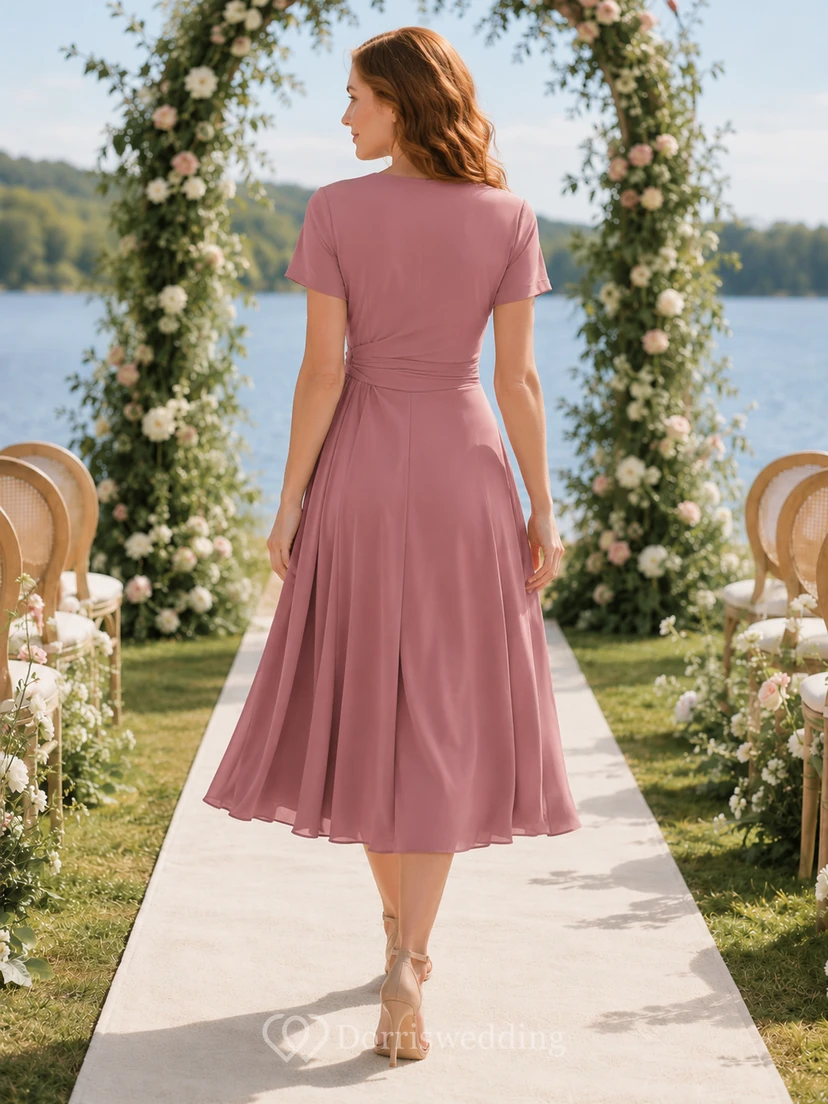 Dusty Rose Chiffon Wrap Flutter Sleeve Midi Dress view 2