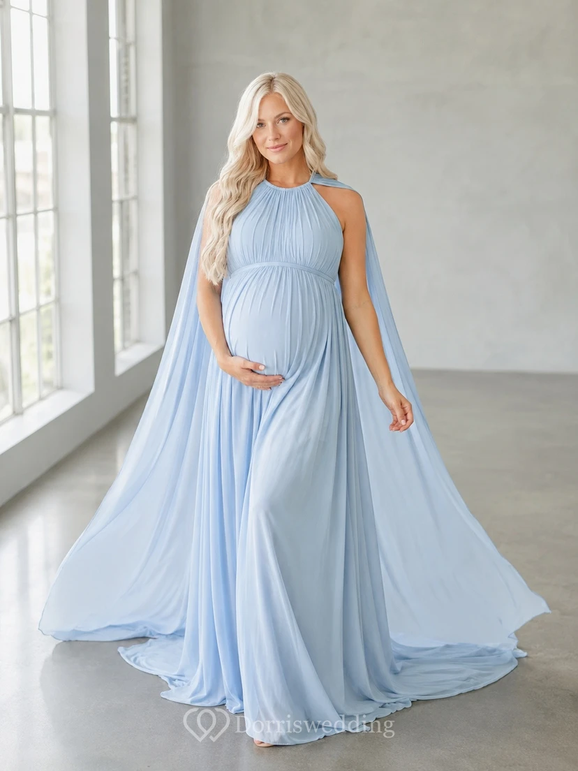 Maternity Empire High Neck Chiffon Cape Sweep Train Photoshoot Gown