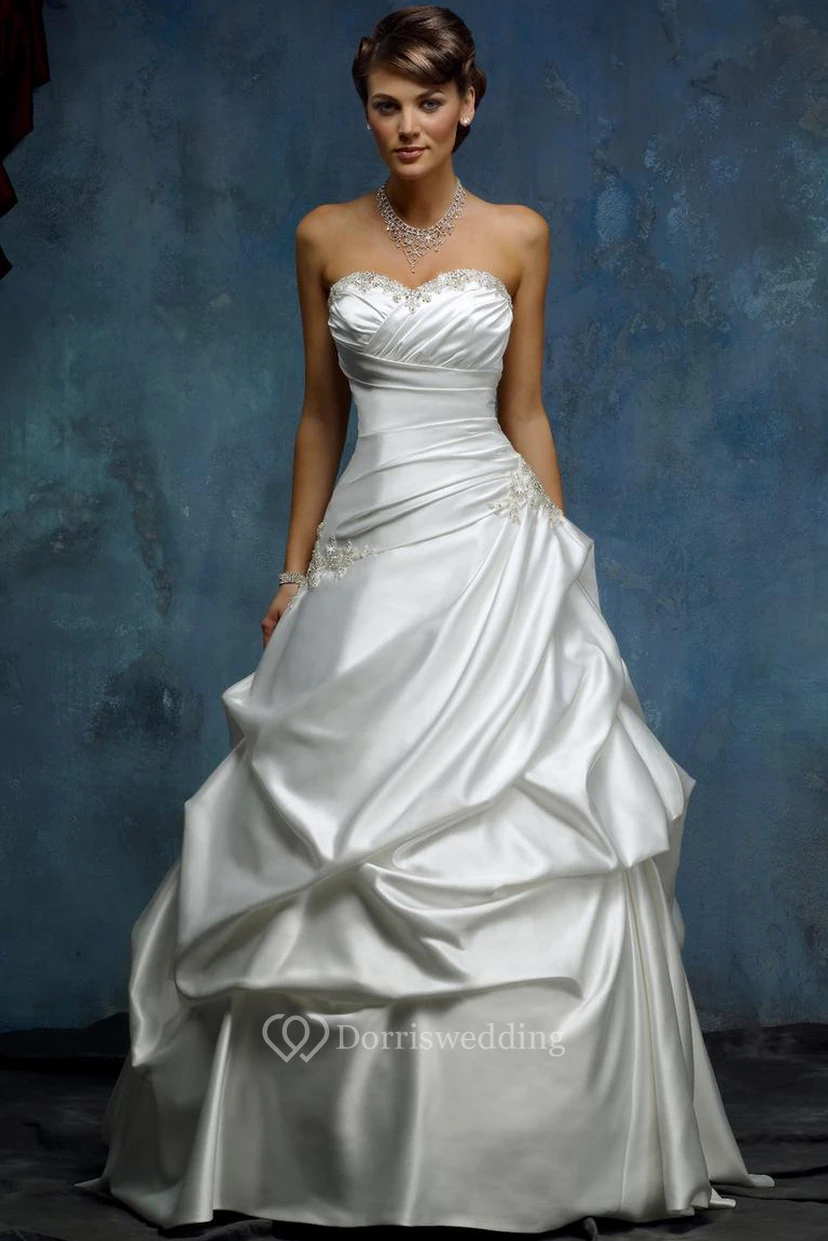 Ball Gown Sweetheart Pick-Up Floor-Length Satin Wedding Dress Styles With Criss Cross And Beading
