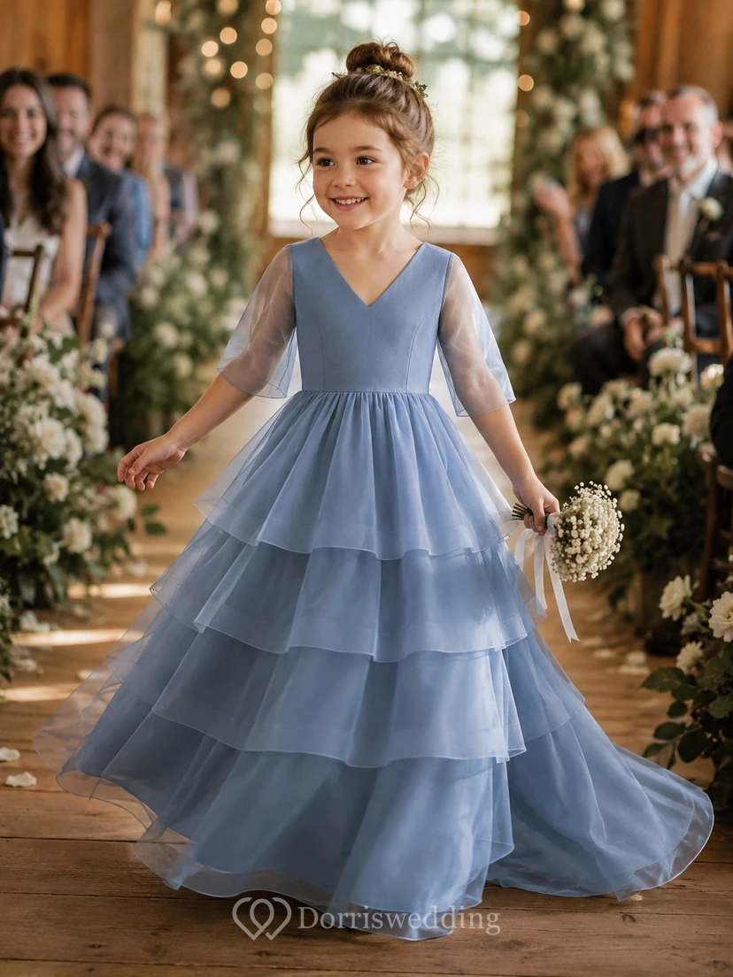 V-neck Illusion Half-sleeve Tiered A-line Flowergirl Dress with Sweep Train view 3