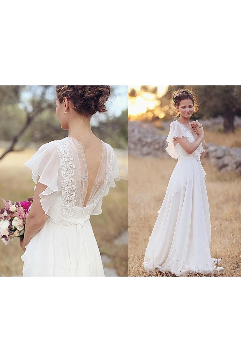 Brautkleid aus Chiffon mit böhmischer Perlenstickerei, tiefem V-Ausschnitt, rückenfreiem Design, Blumenstickerei, transparenten Ärmeln und Falten im Boho-Stil view 5