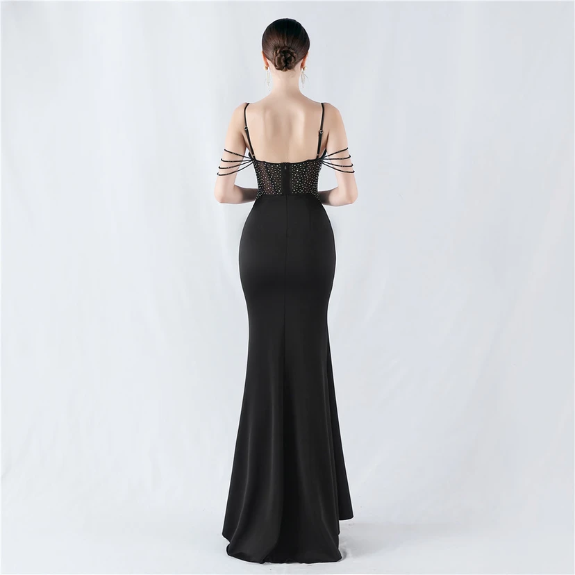 Vestido de noche con cintura de espiga, bordado de diamantes de imitación, ideal para banquetes y presentaciones. view 2