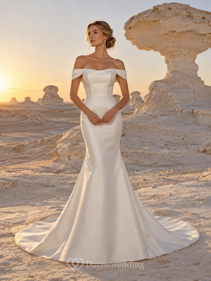 Vestido de novia sencillo de sirena con escote Bardot, satén, cintura ajustada, cadera lisa y cola.