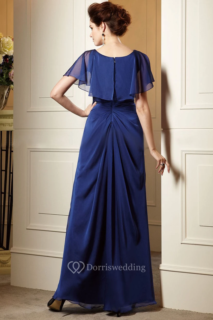 Short-Sleeved A-Line Long Mother Of The Bride Dress With Beadings And Ruffles view 2