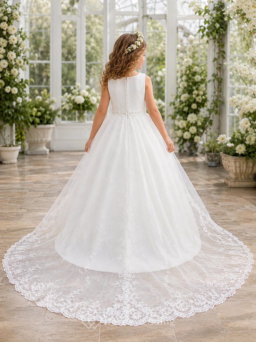 Ärmelloses Kommunionsballkleid mit abnehmbarer Schleppe und Spitzenbesatz view 2
