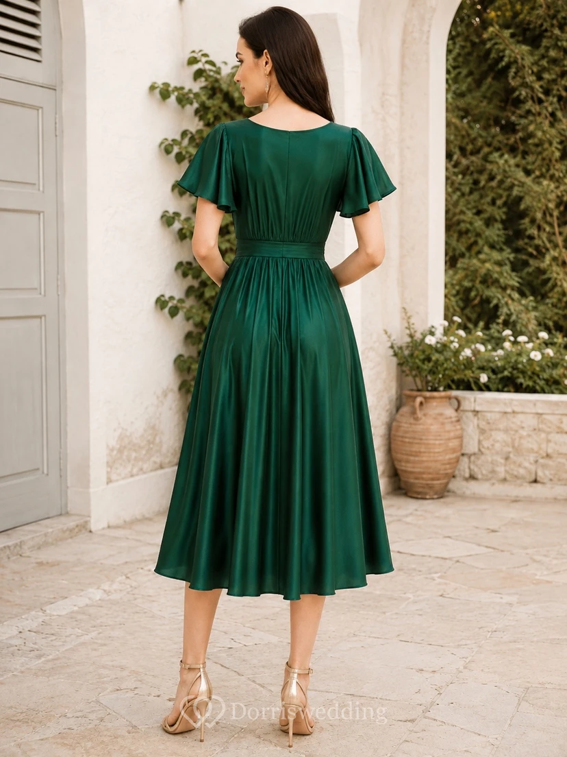 Dunkelgrünes Chiffon-Midikleid in A-Linie mit V-Ausschnitt, Puffärmeln view 2